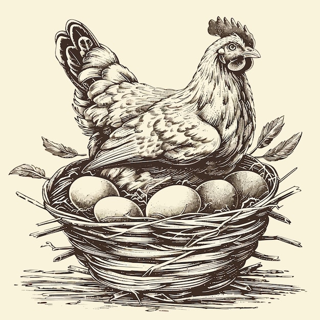 Вектор Рисунок курицы в корзине с яйцами