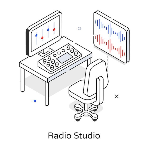 コンピューターとラジオスタジオと言うモニターを備えた机の図面。