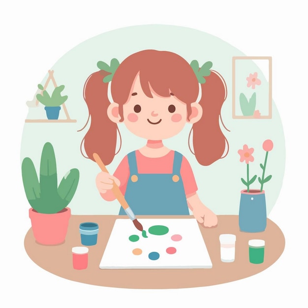 벡터 연필 과 비 식물 을 가진 소녀 의 그림