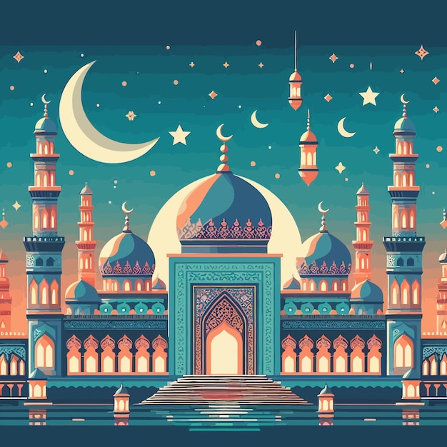 Вектор Рисунок мечети с луной и мечетью на заднем плане