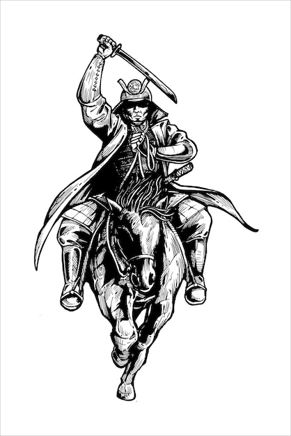 Вектор Рисунок самурая верхом на лошади