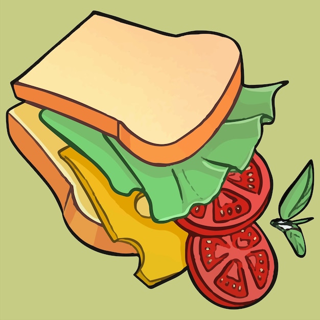 Вектор Рисунок бутерброда с листьями салата и помидорами.