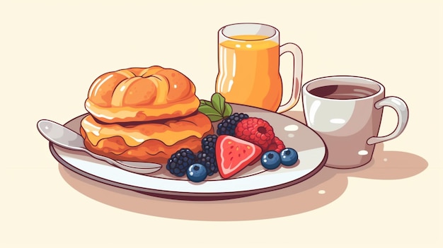 ベクトル コーヒーとフルーツのカップで朝食を描く