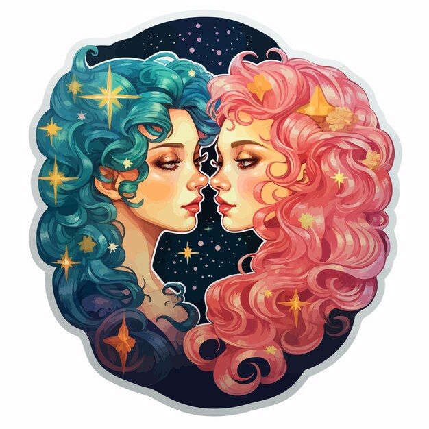 Вектор Рисунок двух девушек с розовыми волосами и синим фоном со словами 