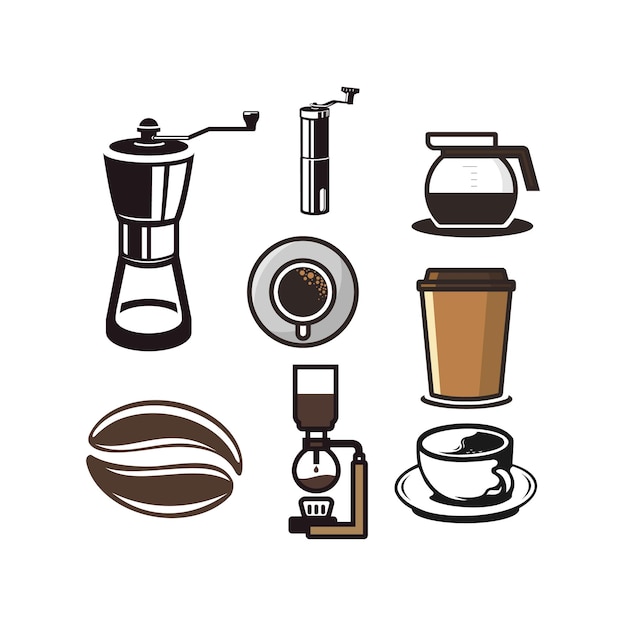 Вектор Рисунок различных кофейных изделий, включая кофеварку и кофейник.