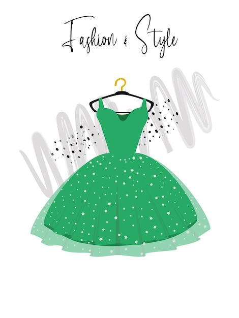 Элегантное зеленое платье на вешалке модной иллюстрации
