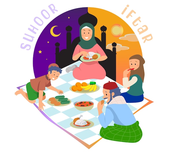 ベクトル ラマダンでサフールとイフタールを一緒に食べる家族