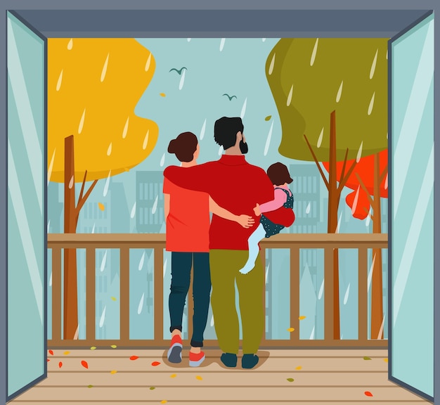 ベクトル 子供を腕に抱いた家族がバルコニーに立って秋の雨の街を眺めている