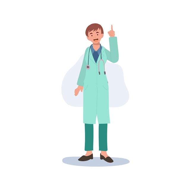 Женщина-врач в медицинской форме женщина-врач указывает указательным пальцем плоская векторная иллюстрация