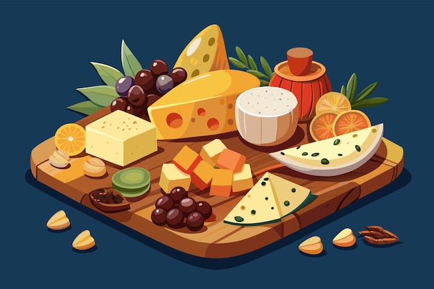 ベクトル 柔らかいチーズと硬いチーズ,クレイカー,ナッツ,乾燥した果物を用意した祭りのチーズ皿