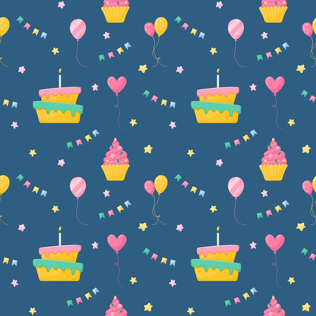 ベクトル お祝いのシームレス パターン ケーキ バルーン フラグとケーキの心と星休日のお祝いのシンボル暗い青色の背景にフラットな漫画のスタイルでベクトル イラスト