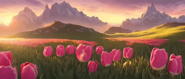 Поле тюльпанов на фоне гор весенний баннер векторная иллюстрация огромное поле