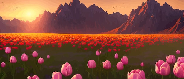 Вектор Поле тюльпанов на фоне гор весенний баннер векторная иллюстрация огромное поле