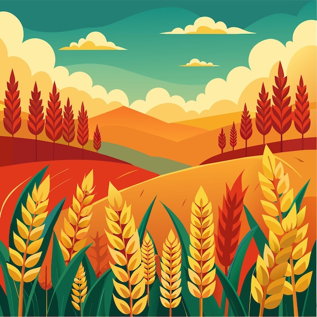 Вектор Поле пшеницы с полем и деревьями на заднем плане