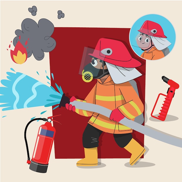 Пожарный в маске, милый 2-мерный персонаж, готовый к анимации, в комплекте с рабочими инструментами