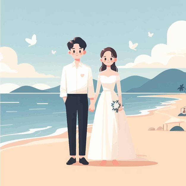 ベクトル 韓国人夫婦が結婚前に描いた平らなイラスト