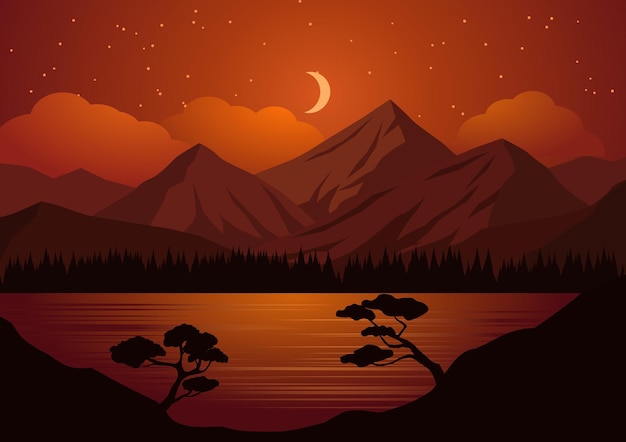 Вектор Плоская иллюстрация горного озера с луной и звездами.