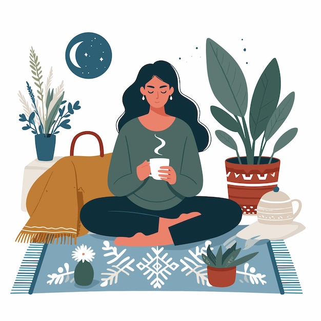 ベクトル a flat illustration of a woman with hygge life in white background