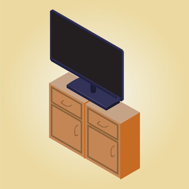 Вектор Телевизор с плоским экраном стоит на комоде с желтым фоном.