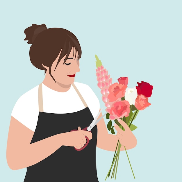 벡터 손 에 가위 를 들고 있는 꽃 가게 의 한 여자 는 꽃 가구 에서 다른 꽃 들 의 꽃줄 을 만니다