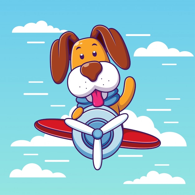 雲の中の飛行機に乗る空飛ぶ犬