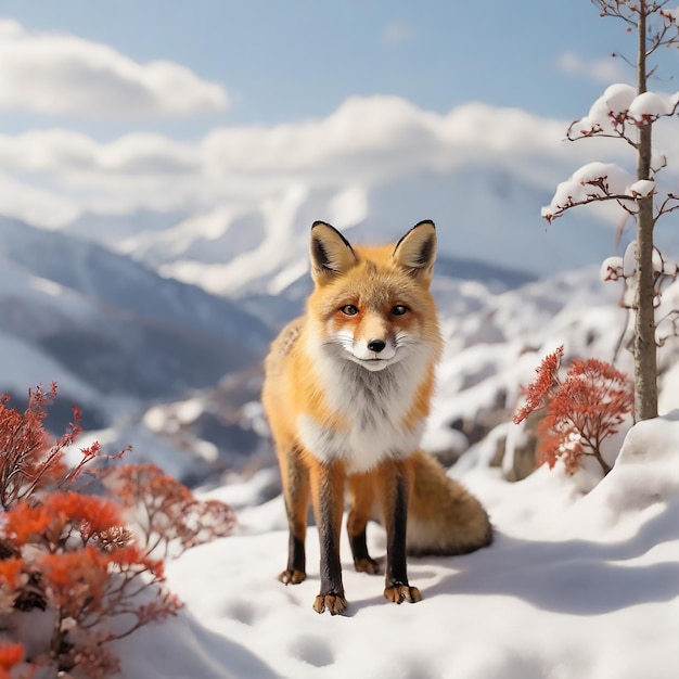 ベクトル 日本の冬の雪の山に立っているキツネ