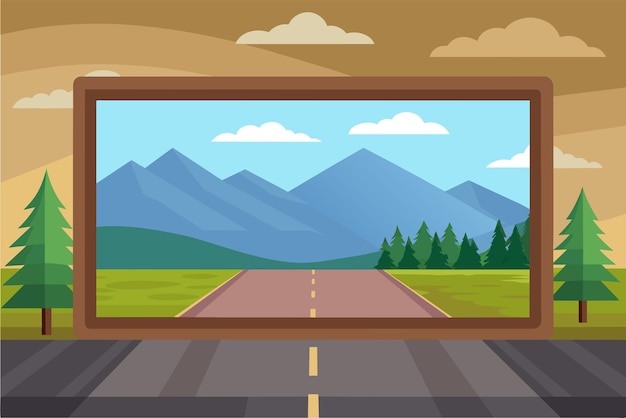 Вектор Иллюстрация живописного горного пейзажа с дорогой, ведущей к горам и соснам с обеих сторон небо голубое с несколькими облаками и цветами в мультфильмном стиле