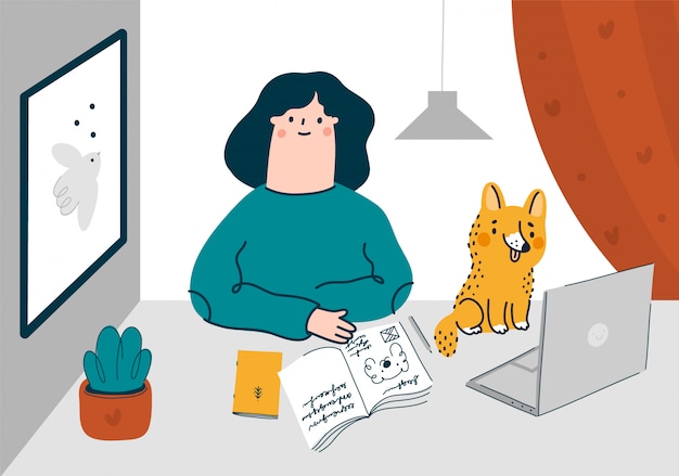 Девушка-фрилансер работает в домашнем офисе с домашним животным. оставайся дома иллюстрации