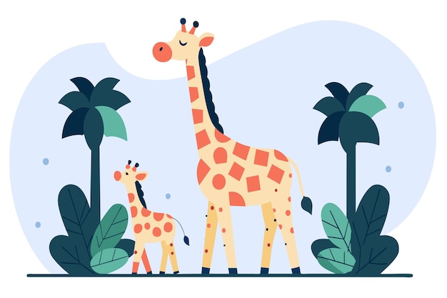 Вектор Жираф и его детеныши среди пышной растительности