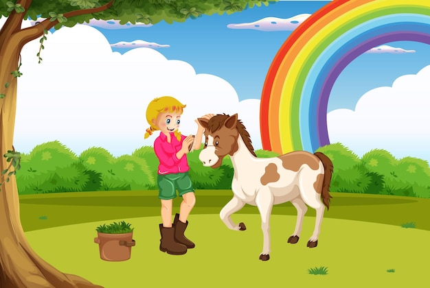 ベクトル 虹を背景に野原にいる女の子とポニー