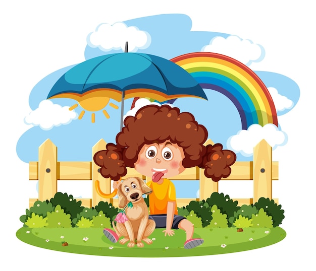 Девушка держит зонтик с собакой