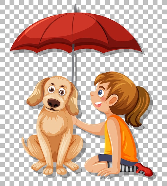 강아지와 함께 우산을 들고 소녀