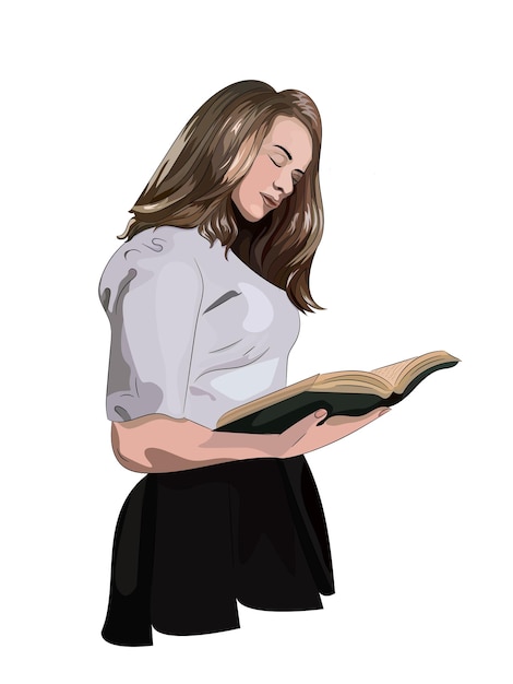 벡터 검은 스커트 와  ⁇  셔츠 를 입은 소녀 가  ⁇  배경 에 열린 책 을 읽고 있다