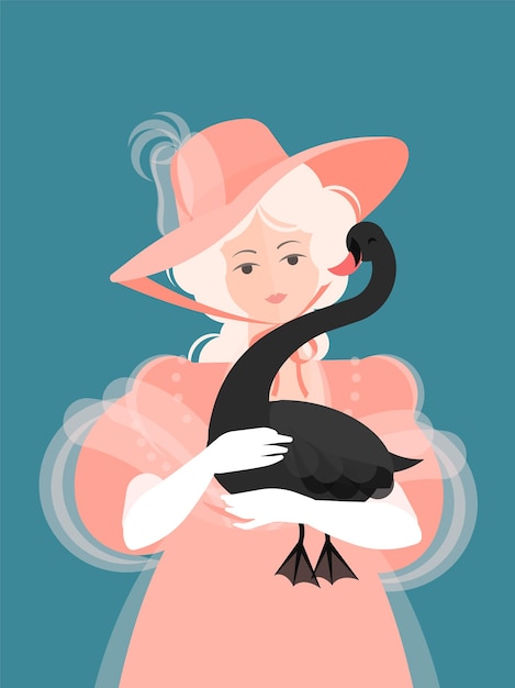 벡터 모자를 쓴 소녀와 18-19 세기 핑크색 푹신한 드레스가 서서 손에 검은 백조를 안고 있습니다. 귀여운 초상화. 플랫 만화 스타일의 다채로운 그림입니다.