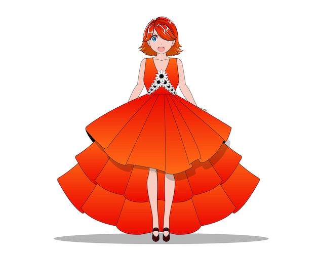 벡터 바닥에 흰색 점이 있는 빨간 드레스를 입은 소녀.