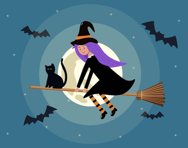 魔女の衣装を着た女の子が黒い猫と一緒にほうきで飛んでいる ハロウィンの漫画のシーン ベクトルイラスト 夜空にほうきに乗った魔女 月とコウモリ