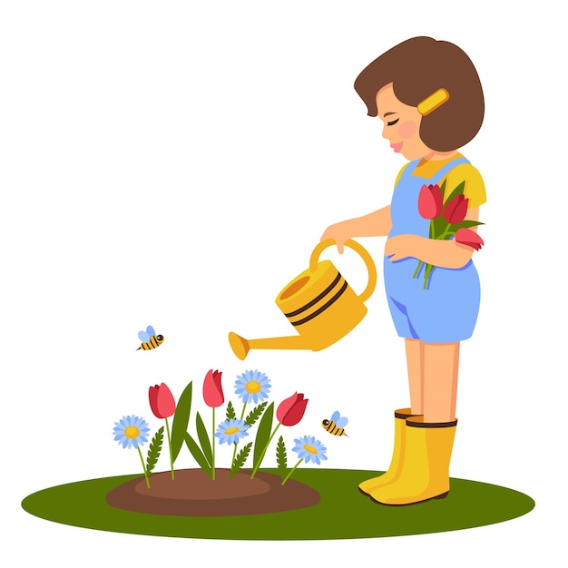 한 소녀가 물뿌리개에서 꽃에 물을 주고 있다