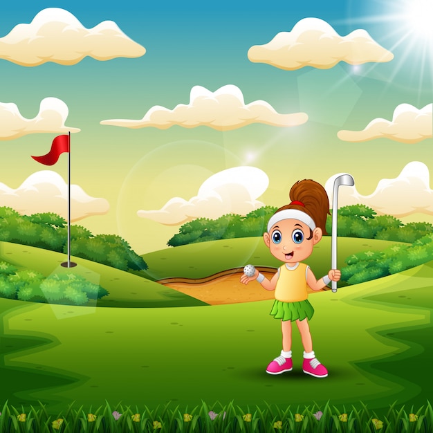 Девушка играет в гольф на площадке