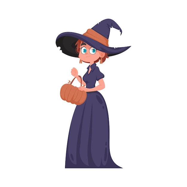 벡터 무서운 마녀 의상을 입은 소녀가 호박을 들고 있습니다. 할로윈 테마는 할로윈 만화 스타일 벡터 일러스트와 관련된 장식 및 활동으로 더 간단한 단어로 쓸 수 있습니다.