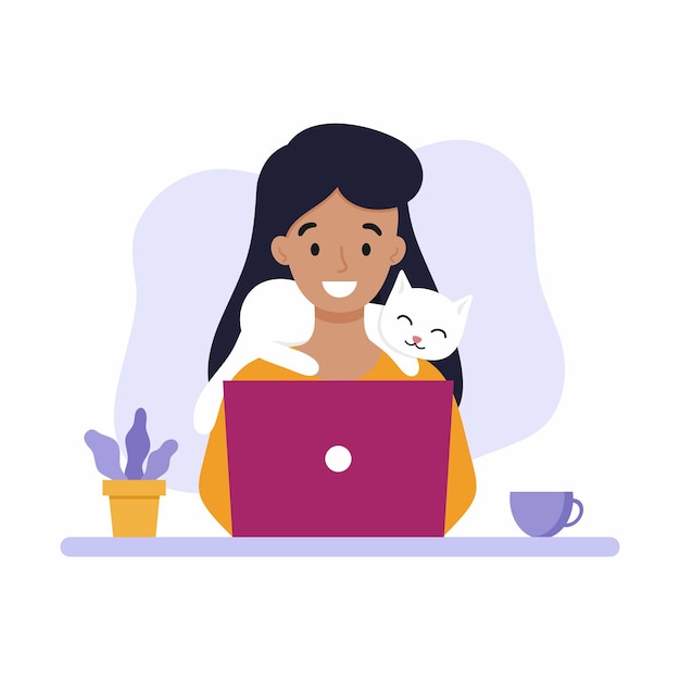 猫を肩に乗せた女の子がコンピューターで働いています。ホームオフィスとフリーランスをテーマにしたベクトルイラスト。