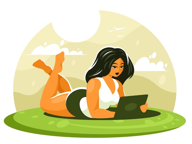ベクトル 夏の晴れた日にタブレットを持った女の子が緑の芝生に横たわっているベクトルグラフィックス