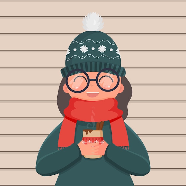 겨울 따뜻한 옷과 안경을 쓴 소녀가 손에 뜨거운 음료를 들고 있습니다. 겨울 테마를 위한 기성품 정사각형 카드입니다. 나무 배경입니다. 벡터 일러스트 레이 션.