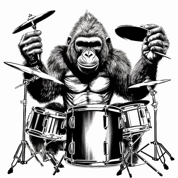 벡터 gorilla라고 적힌 드럼 키트로 드럼을 치는 고릴라.