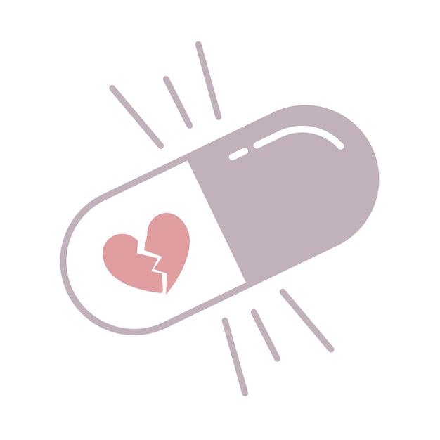 Серо-розовая таблетка с лекарством от любви с разбитым сердцем внутри планшета с векторной иллюстрацией