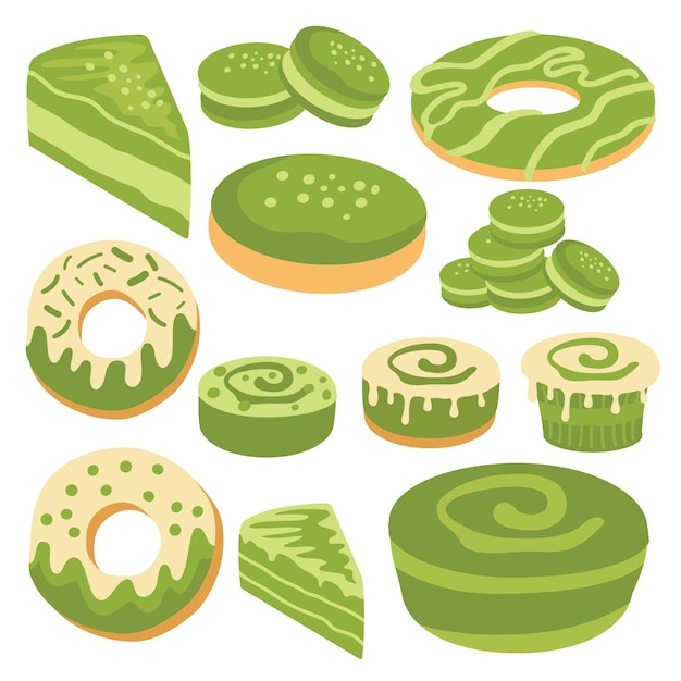 다양한 종류의 도넛에 대한 녹색 그림입니다.