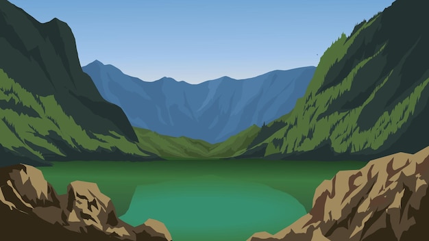 Вектор Зеленый горный пейзаж с озером и горами на заднем плане.