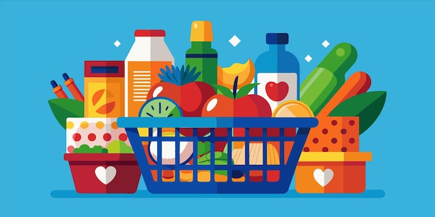 벡터 과일과 채소가 들어있는 식료품 바구니, 식료품 카트, 비타민 c 병, 식품 카트의 병