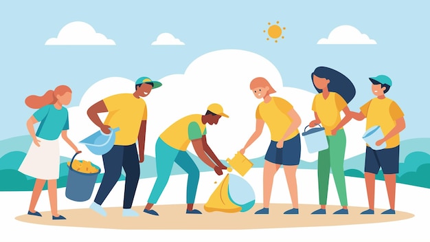 Вектор Группа коллег, участвующих в уборке пляжа, чувствует себя успешными