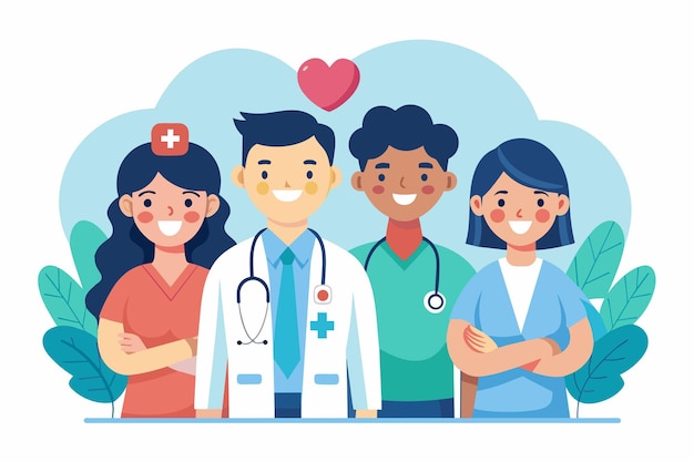 Vector a group of doctors and nursing team members standing in unity and solidarity doctor and nursing team simple and minimalist flat vector illustration