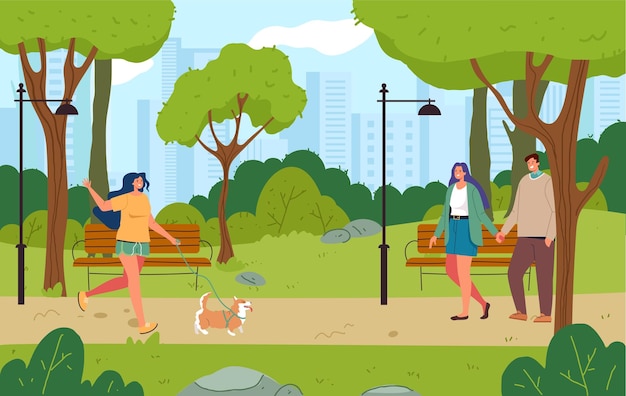 Вектор Группа людей гуляет в парке с собакой.